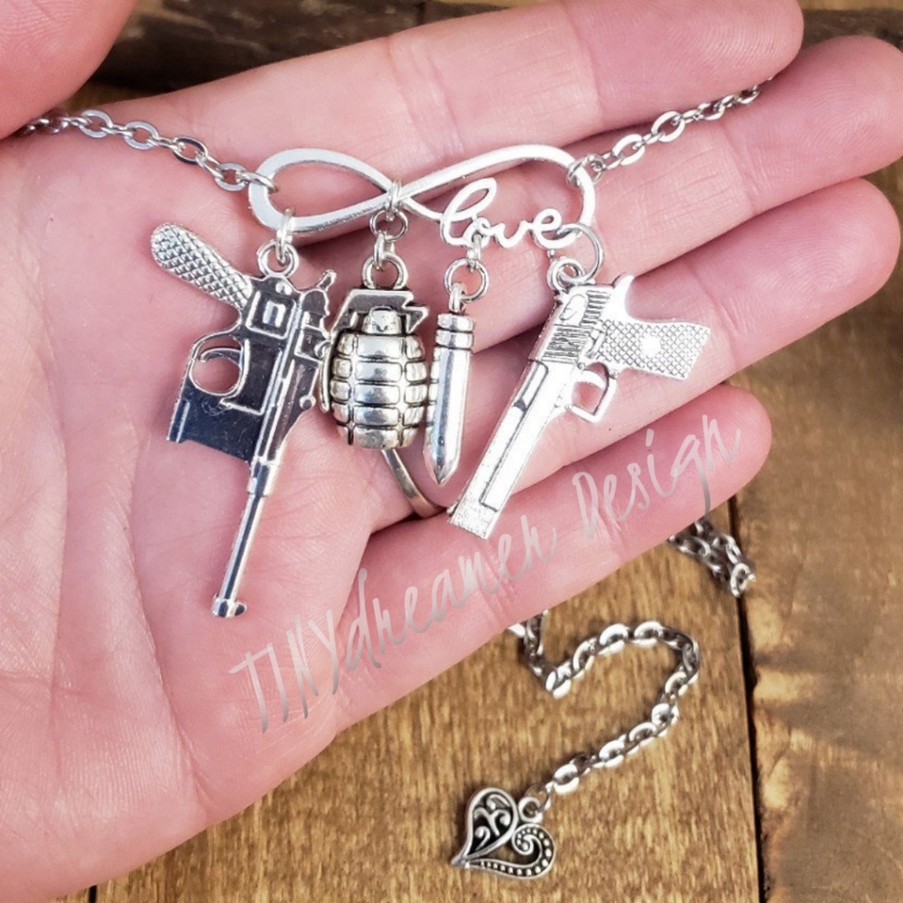 Silver Military Gun Girl Infinity LOVE Stainless Steel Necklace Army Heart